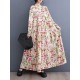 Pleated Printed Split-Joint Long Sleeves Loose Stand Collar Shirt Dress Midi Dresses