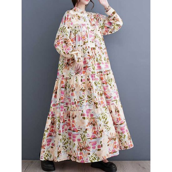 Pleated Printed Split-Joint Long Sleeves Loose Stand Collar Shirt Dress Midi Dresses