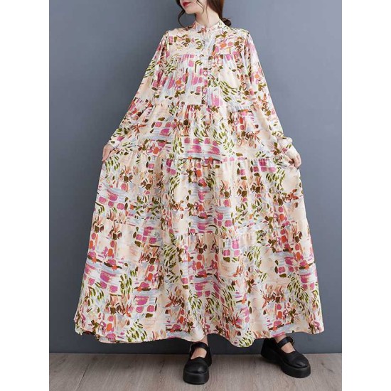 Pleated Printed Split-Joint Long Sleeves Loose Stand Collar Shirt Dress Midi Dresses