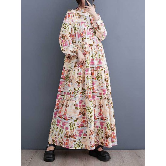 Pleated Printed Split-Joint Long Sleeves Loose Stand Collar Shirt Dress Midi Dresses