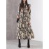 Elasticity Hollow Printed Split-Joint Tied Long Sleeves Loose Mock Neck Midi Dresses