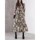 Elasticity Hollow Printed Split-Joint Tied Long Sleeves Loose Mock Neck Midi Dresses