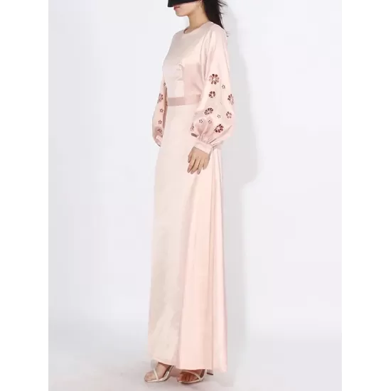 Hollow Solid Color A-Line Long Sleeves Round-Neck Maxi Dresses