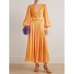 Belted Pleated Solid Color High Waisted Long Sleeves V-Neck Maxi Dresses