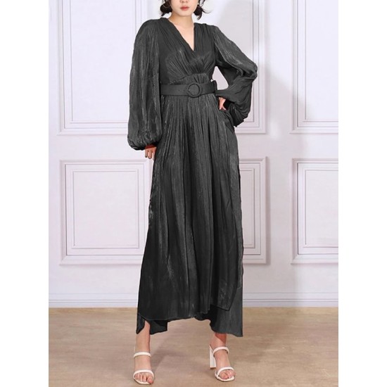 Belted Pleated Solid Color High Waisted Long Sleeves V-Neck Maxi Dresses