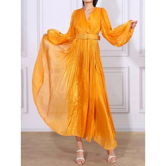 Belted Pleated Solid Color High Waisted Long Sleeves V-Neck Maxi Dresses