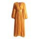 Belted Pleated Solid Color High Waisted Long Sleeves V-Neck Maxi Dresses