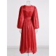 Belted Pleated Solid Color High Waisted Long Sleeves V-Neck Maxi Dresses