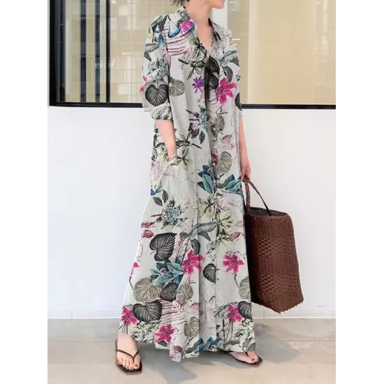 Printed Split-Joint Loose Plus Size Lapel Shirt Dress Maxi Dresses