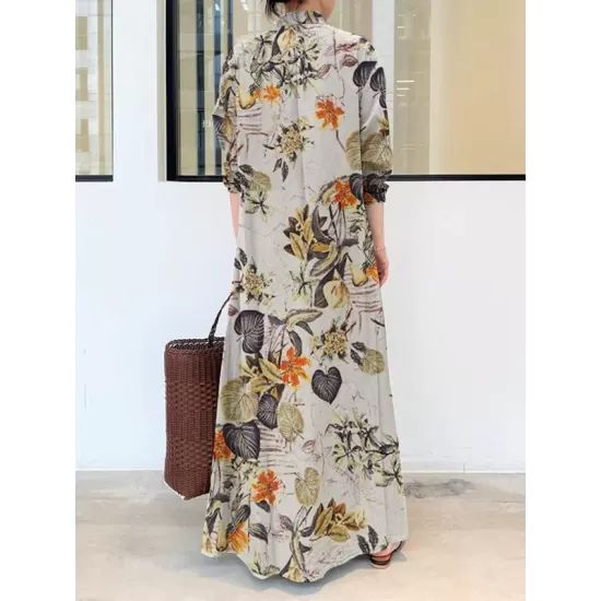 Printed Split-Joint Loose Plus Size Lapel Shirt Dress Maxi Dresses