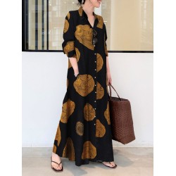 Printed Split-Joint Long Sleeves Loose Lapel Shirt Dress Maxi Dresses