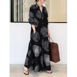 Printed Split-Joint Long Sleeves Loose Lapel Shirt Dress Maxi Dresses