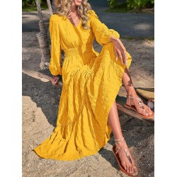 Elasticity Solid Color Split-Joint A-Line Long Sleeves V-Neck Maxi Dresses