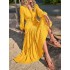 Elasticity Solid Color Split-Joint A-Line Long Sleeves V-Neck Maxi Dresses