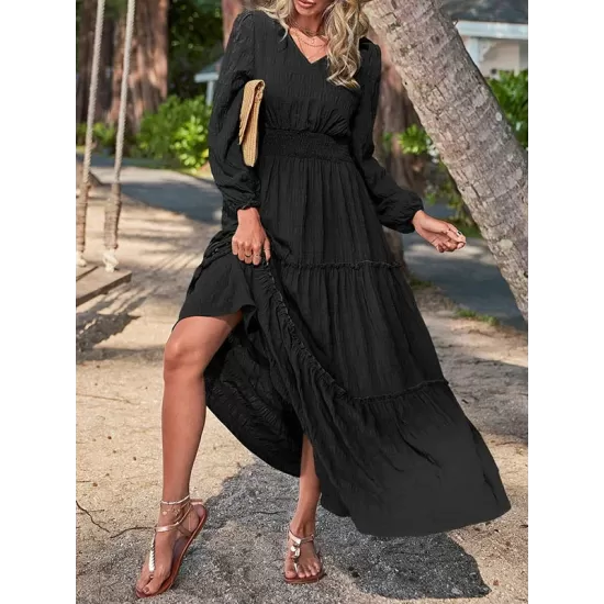 Elasticity Solid Color Split-Joint A-Line Long Sleeves V-Neck Maxi Dresses