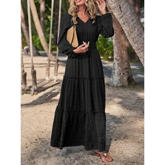 Elasticity Solid Color Split-Joint A-Line Long Sleeves V-Neck Maxi Dresses