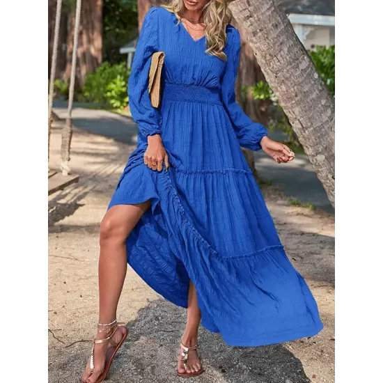 Elasticity Solid Color Split-Joint A-Line Long Sleeves V-Neck Maxi Dresses