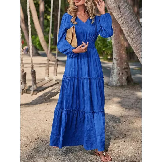 Elasticity Solid Color Split-Joint A-Line Long Sleeves V-Neck Maxi Dresses