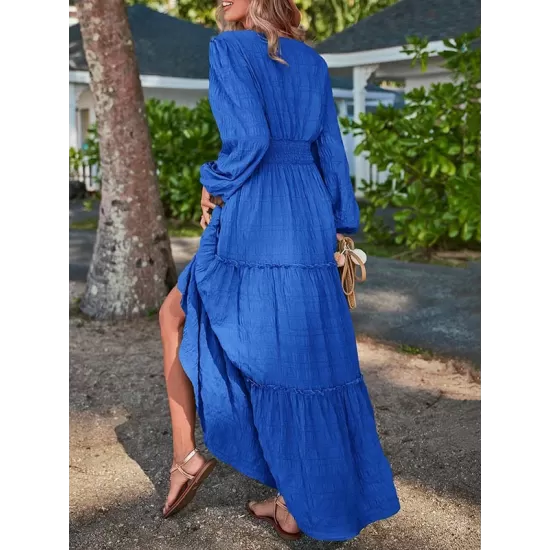 Elasticity Solid Color Split-Joint A-Line Long Sleeves V-Neck Maxi Dresses