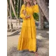 Elasticity Solid Color Split-Joint A-Line Long Sleeves V-Neck Maxi Dresses