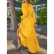 Elasticity Solid Color Split-Joint A-Line Long Sleeves V-Neck Maxi Dresses