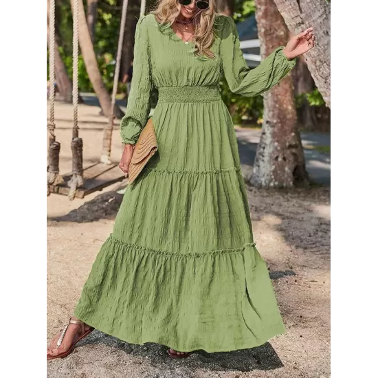 Elasticity Solid Color Split-Joint A-Line Long Sleeves V-Neck Maxi Dresses