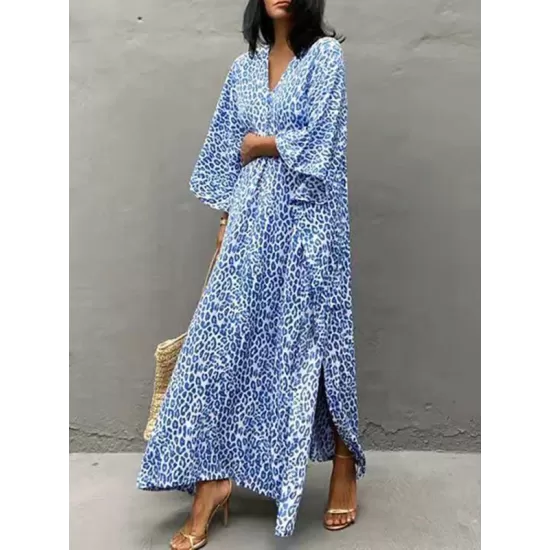 Leopard Split-Side Sun Protection Batwing Sleeves Loose V-Neck Maxi Dresses Cover-Ups Swimwear