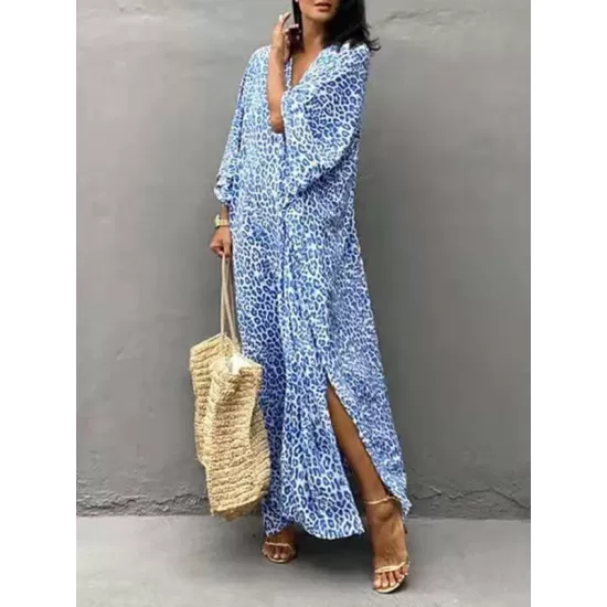 Leopard Split-Side Sun Protection Batwing Sleeves Loose V-Neck Maxi Dresses Cover-Ups Swimwear