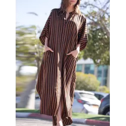 Buttoned Pockets Striped Batwing Sleeves Half Sleeves Round-Neck Maxi Dresses Beach Cover-Up