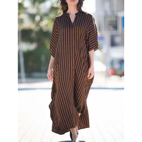 Buttoned Pockets Striped Batwing Sleeves Half Sleeves Round-Neck Maxi Dresses Beach Cover-Up