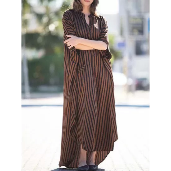 Buttoned Pockets Striped Batwing Sleeves Half Sleeves Round-Neck Maxi Dresses Beach Cover-Up