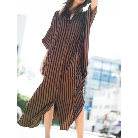 Buttoned Pockets Striped Batwing Sleeves Half Sleeves Round-Neck Maxi Dresses Beach Cover-Up