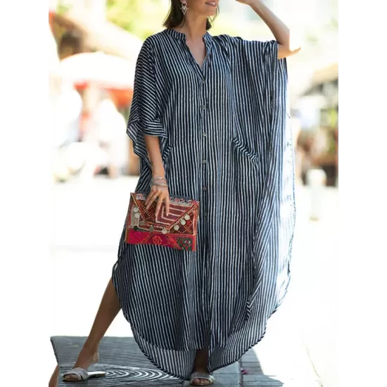 Buttoned Pockets Striped Batwing Sleeves Half Sleeves Round-Neck Maxi Dresses Beach Cover-Up