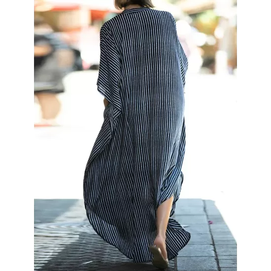 Buttoned Pockets Striped Batwing Sleeves Half Sleeves Round-Neck Maxi Dresses Beach Cover-Up