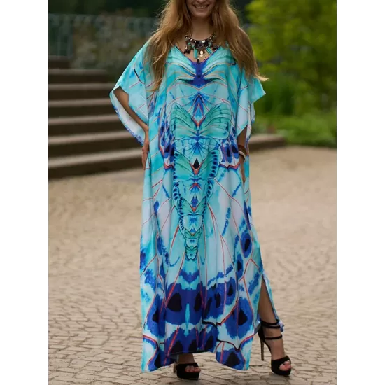 Butterfly Print Split-side Batwing Sleeves Loose V-neck Maxi Dresses Beach Cover-Up