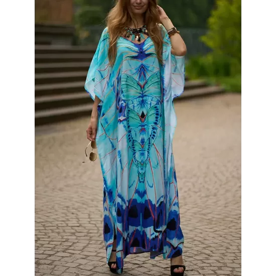 Butterfly Print Split-side Batwing Sleeves Loose V-neck Maxi Dresses Beach Cover-Up