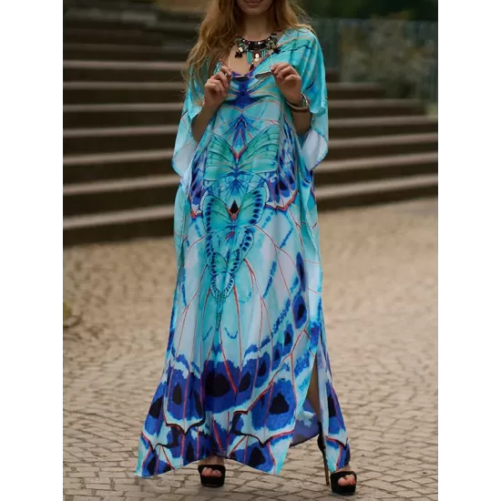 Butterfly Print Split-side Batwing Sleeves Loose V-neck Maxi Dresses Beach Cover-Up