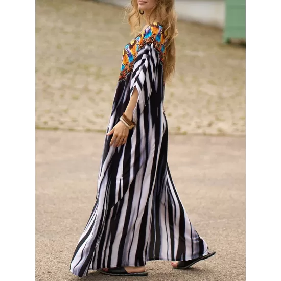 Printed Split-side Striped Batwing Sleeves Loose V-neck Maxi Dresses Beach Cover-Up