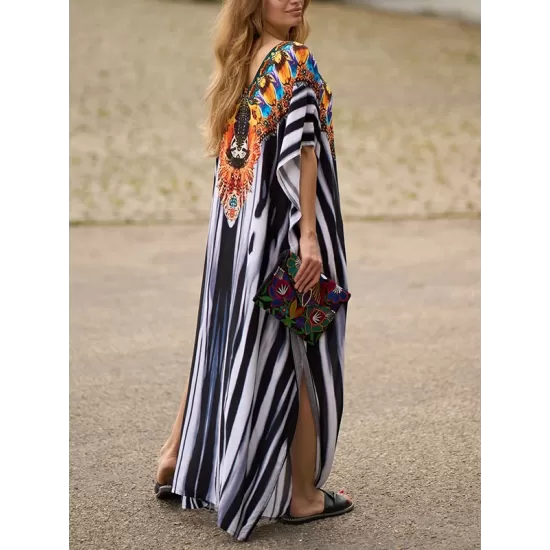 Printed Split-side Striped Batwing Sleeves Loose V-neck Maxi Dresses Beach Cover-Up