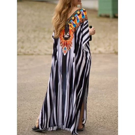 Printed Split-side Striped Batwing Sleeves Loose V-neck Maxi Dresses Beach Cover-Up