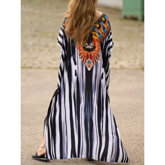 Printed Split-side Striped Batwing Sleeves Loose V-neck Maxi Dresses Beach Cover-Up