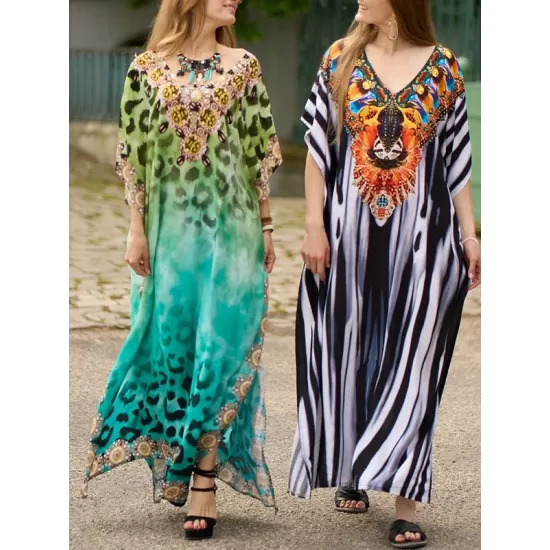 Printed Split-side Striped Batwing Sleeves Loose V-neck Maxi Dresses Beach Cover-Up