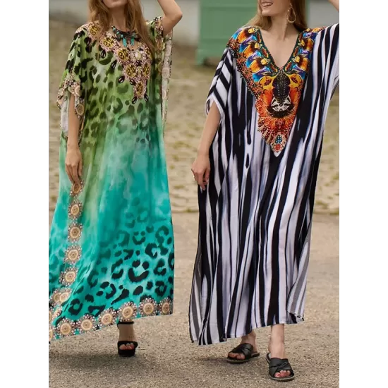 Printed Split-side Striped Batwing Sleeves Loose V-neck Maxi Dresses Beach Cover-Up