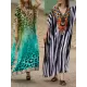 Printed Split-side Striped Batwing Sleeves Loose V-neck Maxi Dresses Beach Cover-Up