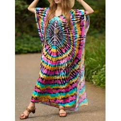 Printed Split-Side Batwing Sleeves Loose V-Neck Maxi Dresses Beach Cover-Up