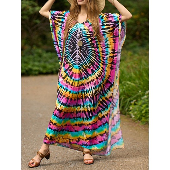 Printed Split-Side Batwing Sleeves Loose V-Neck Maxi Dresses Beach Cover-Up