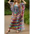 Printed Split-Side Batwing Sleeves Loose V-Neck Maxi Dresses Beach Cover-Up