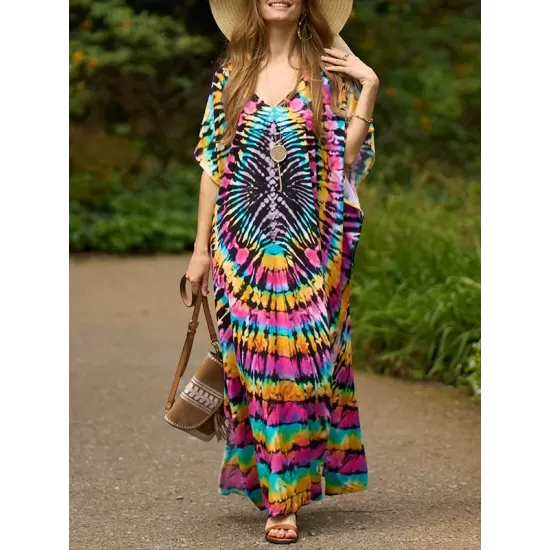 Printed Split-Side Batwing Sleeves Loose V-Neck Maxi Dresses Beach Cover-Up