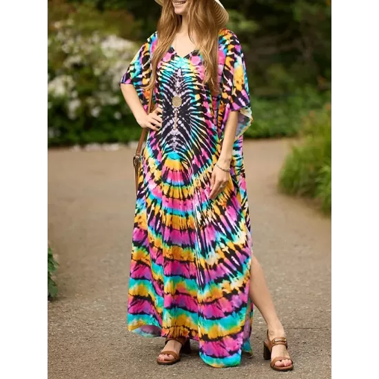 Printed Split-Side Batwing Sleeves Loose V-Neck Maxi Dresses Beach Cover-Up