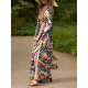 Printed Split-Side Batwing Sleeves Loose V-Neck Maxi Dresses Beach Cover-Up